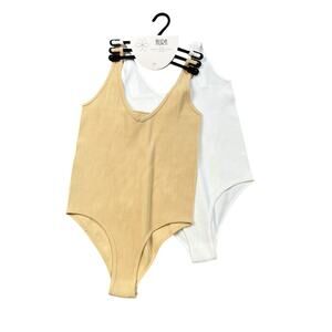 Aura Bodysuits Womens L/XL Beige White Seamless Ribbed Snap Button V Neck 2 PC